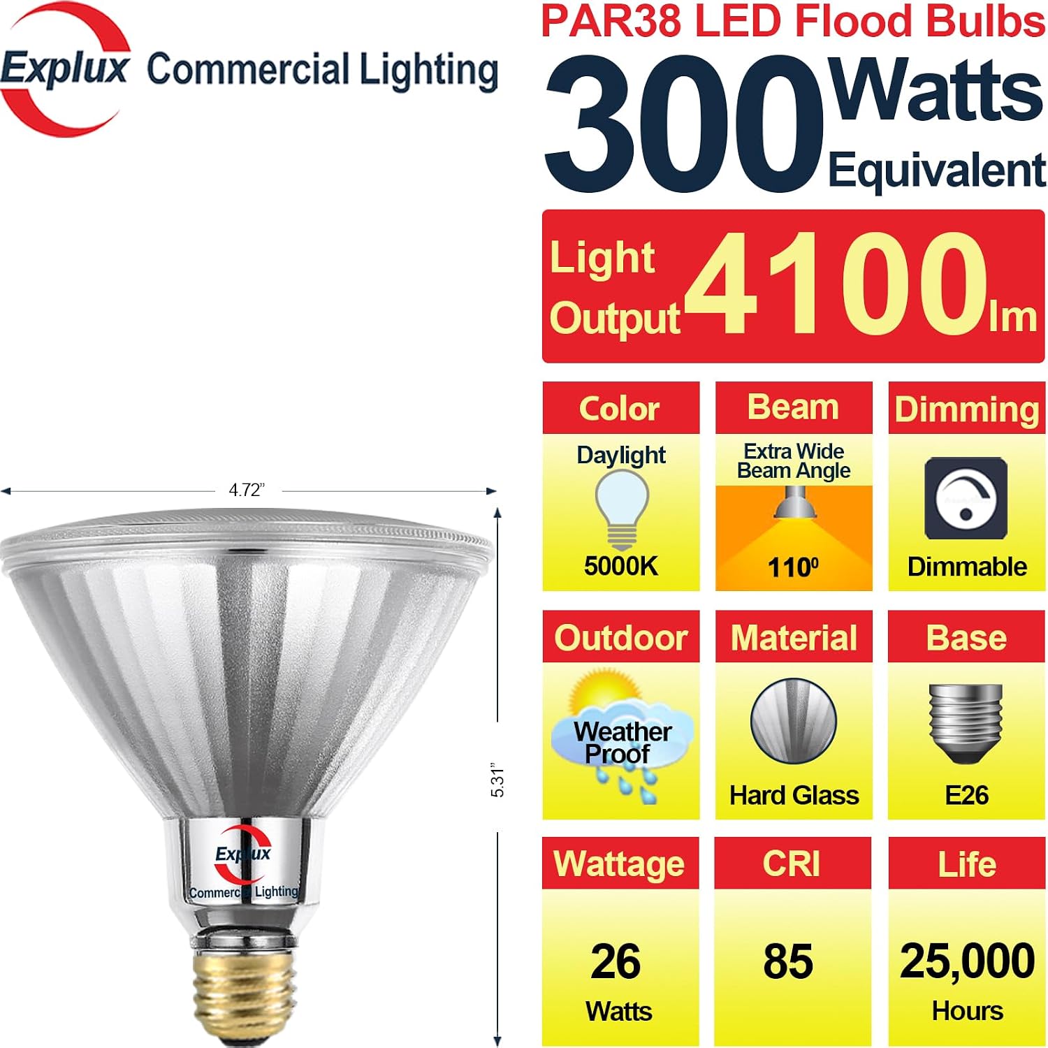 Explux Ultra Bright PAR38 Outdoor Flood Light, 300W Equivalent, 5000K, 4-Pk image 2