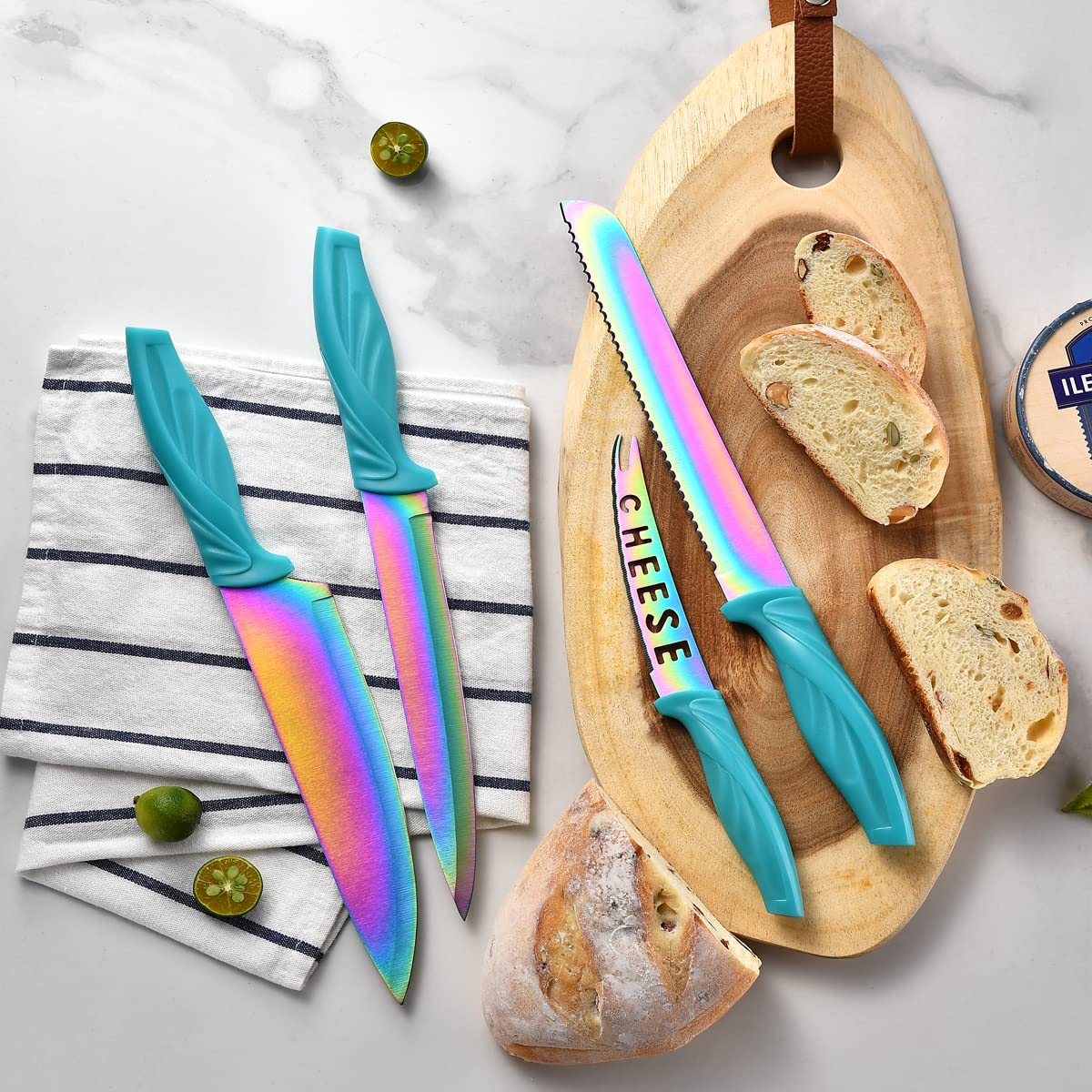 Rainbow Titanium Knife Set 17 PCS Kitchen Knives Set Sharp Cutlery Knife Sets Contain 6 Steak Knives Sharpener Clear Acrylic Stand Nonstick Chef Knife Block Set (Turquoise)