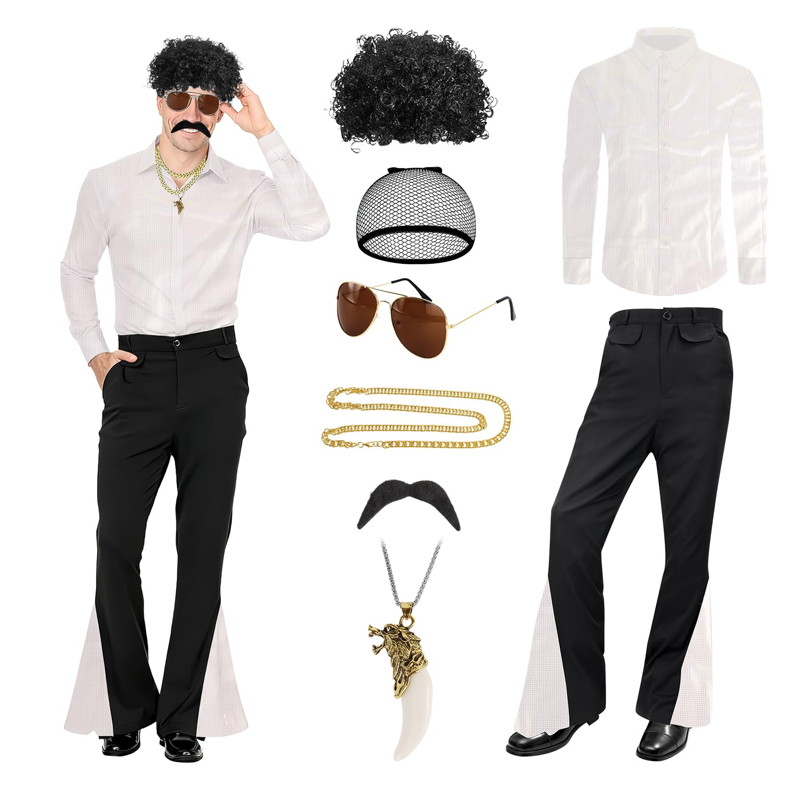 Malloom 70s Men's Disco Costume with Satin Shirt,Bell Bottom Pants, Wig, Mustache, Necklace, Sunglasses, Wig Net Hat, Suitable for Party Wear Disco Masquerade Costume (White, X-Large)