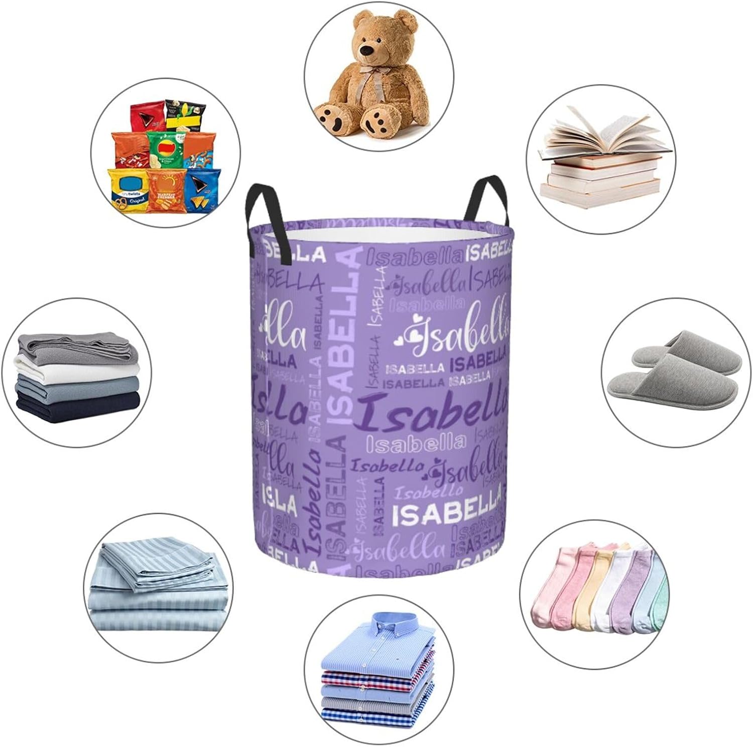 Personalized Name Laundry Basket Custom Circular Laundry Hamper with Handle for Bedroom Bathroom LivingRoom Home Customized Dirty Clothes Storage Basket for Kid Boys Girls Men Women Adults Purple