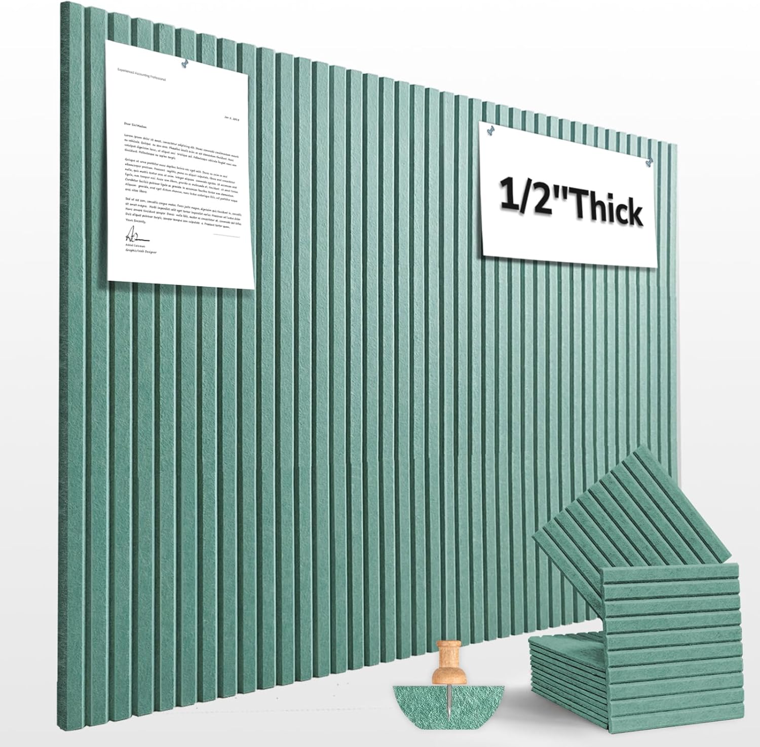 Large Cork Board for Office Decor, 48"x 36" - 1/2” Thick Felt Bulletin Board, 12 Pack Felt Board with Safe Removable Adhesive Tabs, Pin Board Cork Boards for Walls - Jade Green