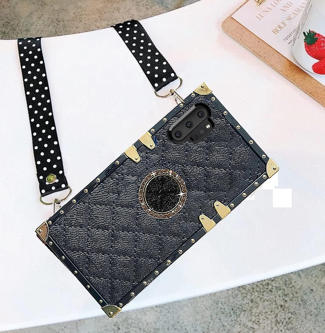 for Samsung Note 10 Plus Case, Luxury Grid Lattice Reinforced Corners Protective Square PU Leather Back Classic TPU Strap Case with Holder - Black