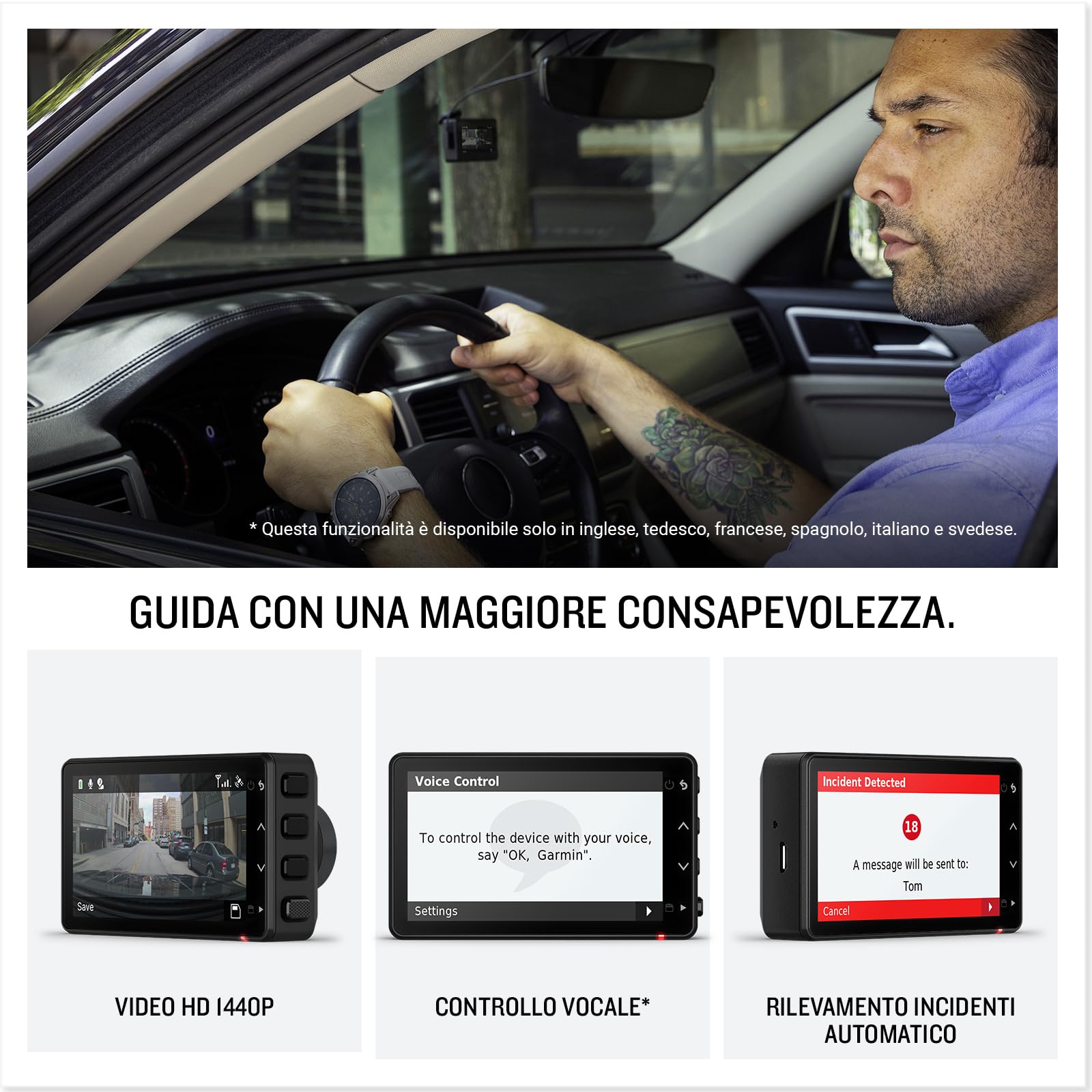 Garmin Dash Cam Live, Dash Cam con connessione LTE ininterrotta a 1440p con campo visivo di 140 gradi