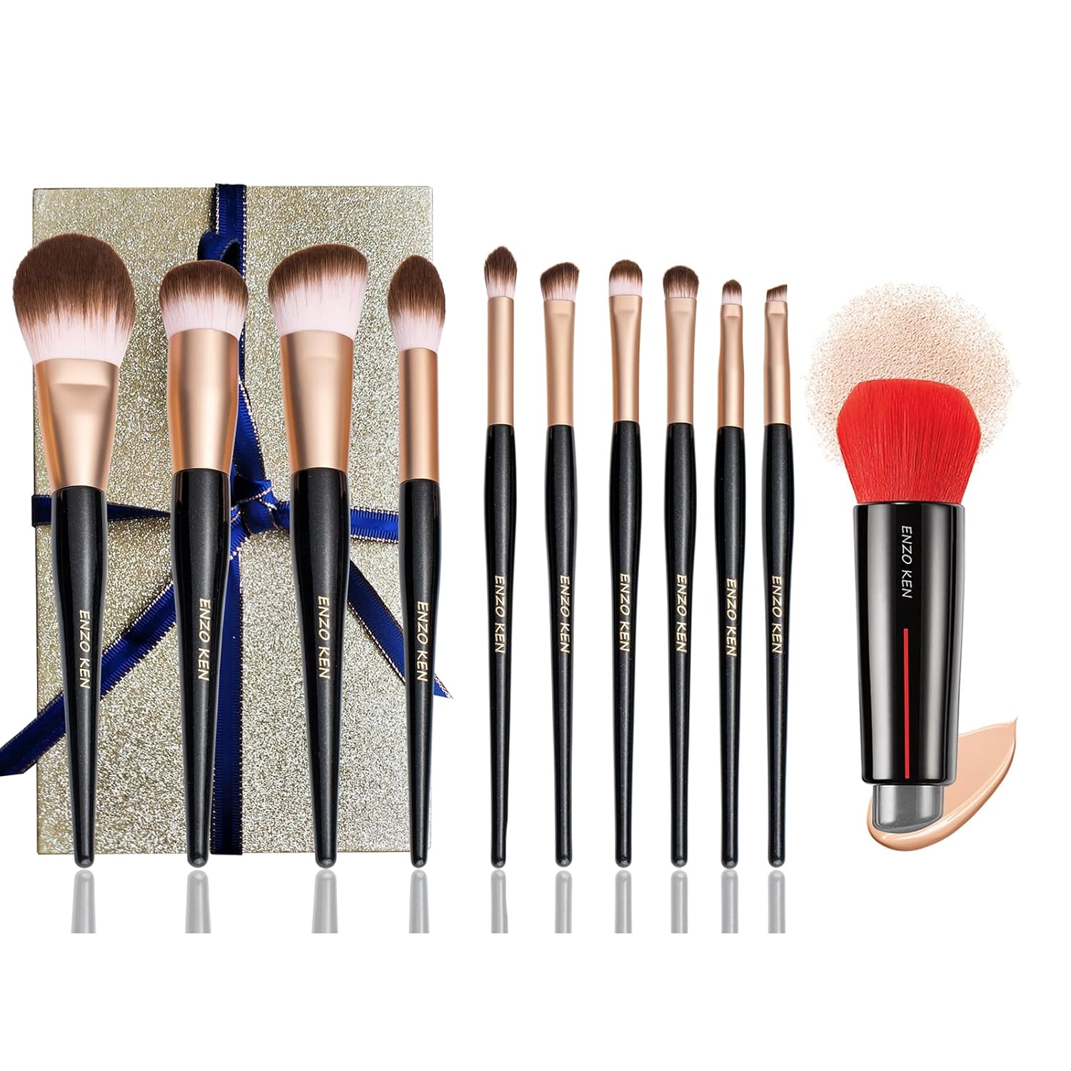 ENZO KEN Natural Goat Hair Makeup Brush Set with Gift Box, Natural Hair Makeup Brushes Set + Double End Kabuki Foundation Brush