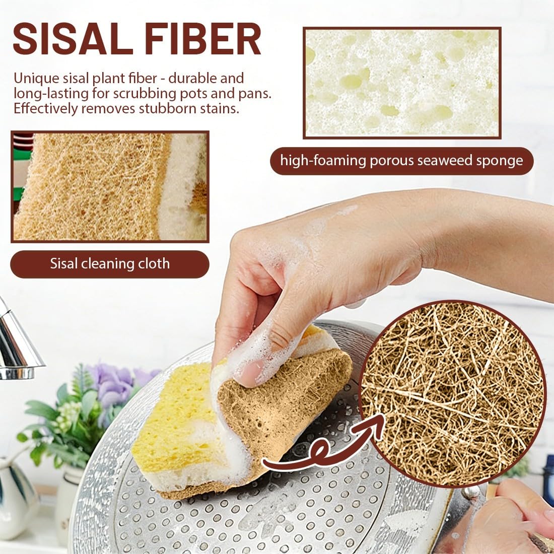 6 Piezas Esponja de Cocina Natural de Sisal Estropajo Cocina de Doble Cara Esponja para Lavar Platos Lavable y Ecológica para Menaje y Encimeras — view 5