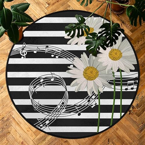 Miniatura 7 de Alfombra redonda de 3 pies con diseño de margaritas y notas musicales con fondo circular, lavable, antideslizante, alfombra circular para sala de