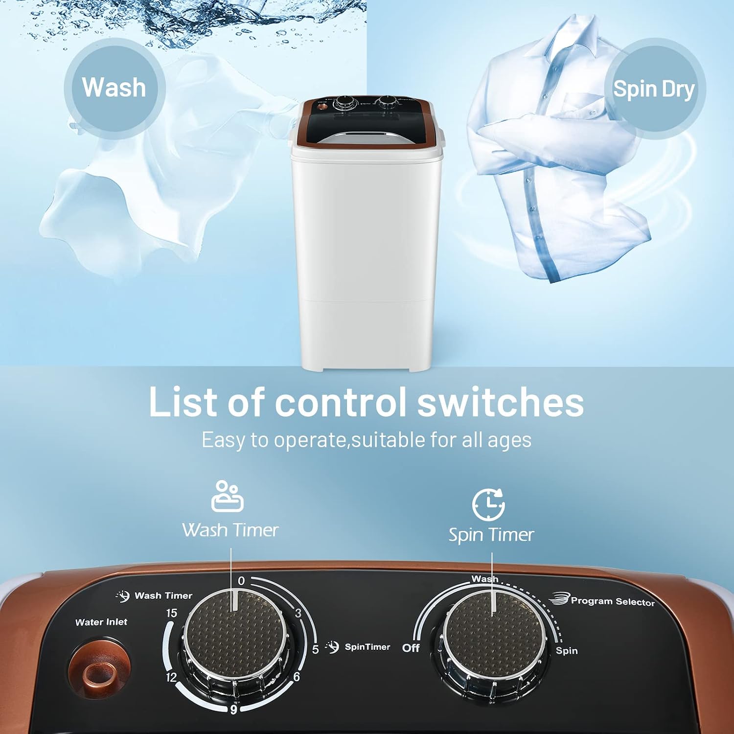 Control switches for Tiktun Portable Mini Single Tub Washing Machine