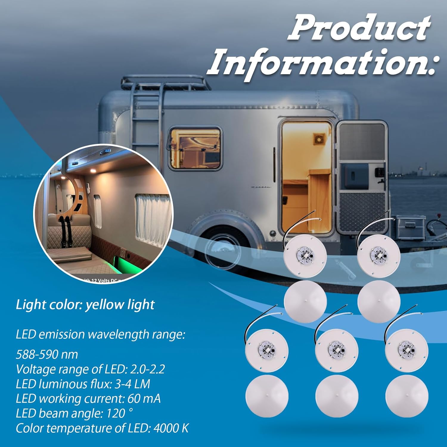 5Pcs 001-1051 LED RV Dome Light With Switch(4.5" Diameter 12V) Compatible With Camping Vehicles RVs And Trailers, Light Color: Warm Yellow (5)