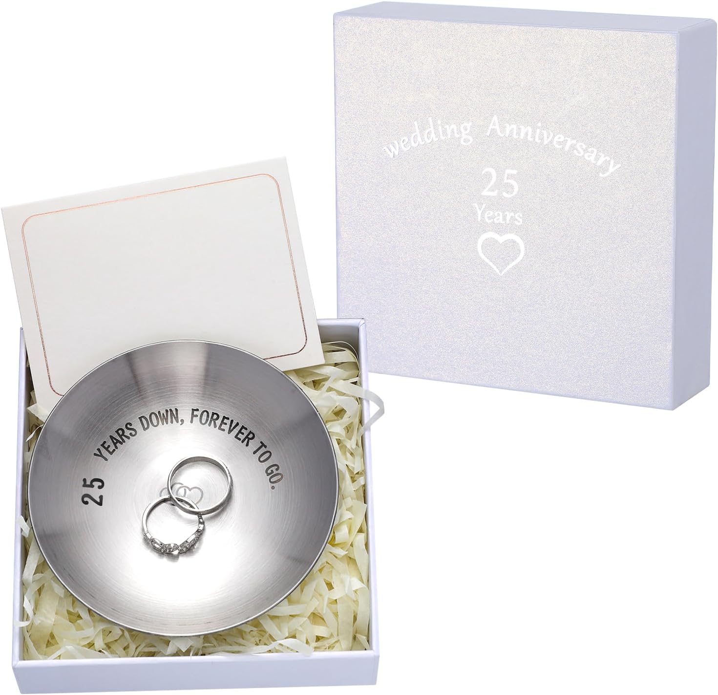 Pelopy 4 Pcs 25th Wedding Set for Couples: 4 Inch Stainless Steel Jewelry Ring Tray, Greeting Card, Gift Box, Raffia