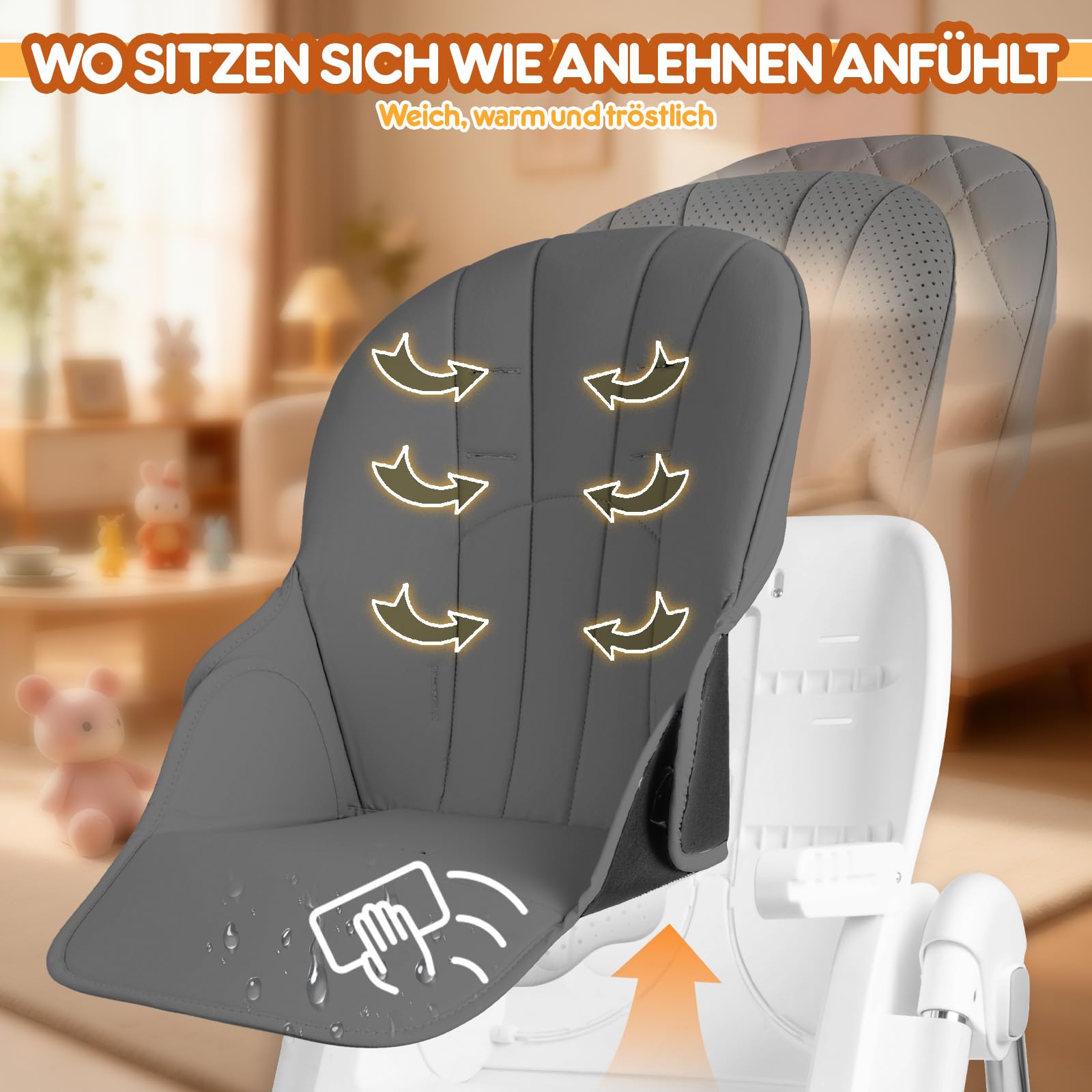 Soontrans Hochstuhl Baby, Sicher am Familientisch zum Essen Spielen Entdecken, Mitwachsend Ab Geburt bis Kleinkind, Liegeposition & Höhenverstellbar & Klappbar, aus Metallrahmen & Gepolstert(Anthrazit