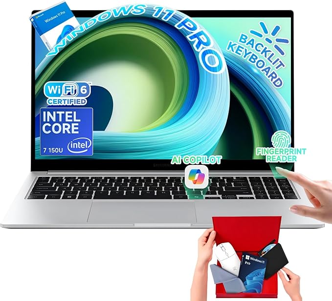 Samsung Galaxy Book4 Business Laptop, 15.6 Inch FHD Display, Intel 10-Core 7-150U, 16GB RAM, 1TB SSD, Windows 11 Pro, Backlit Keyboard, Fingerprint Reader, Copilot AI