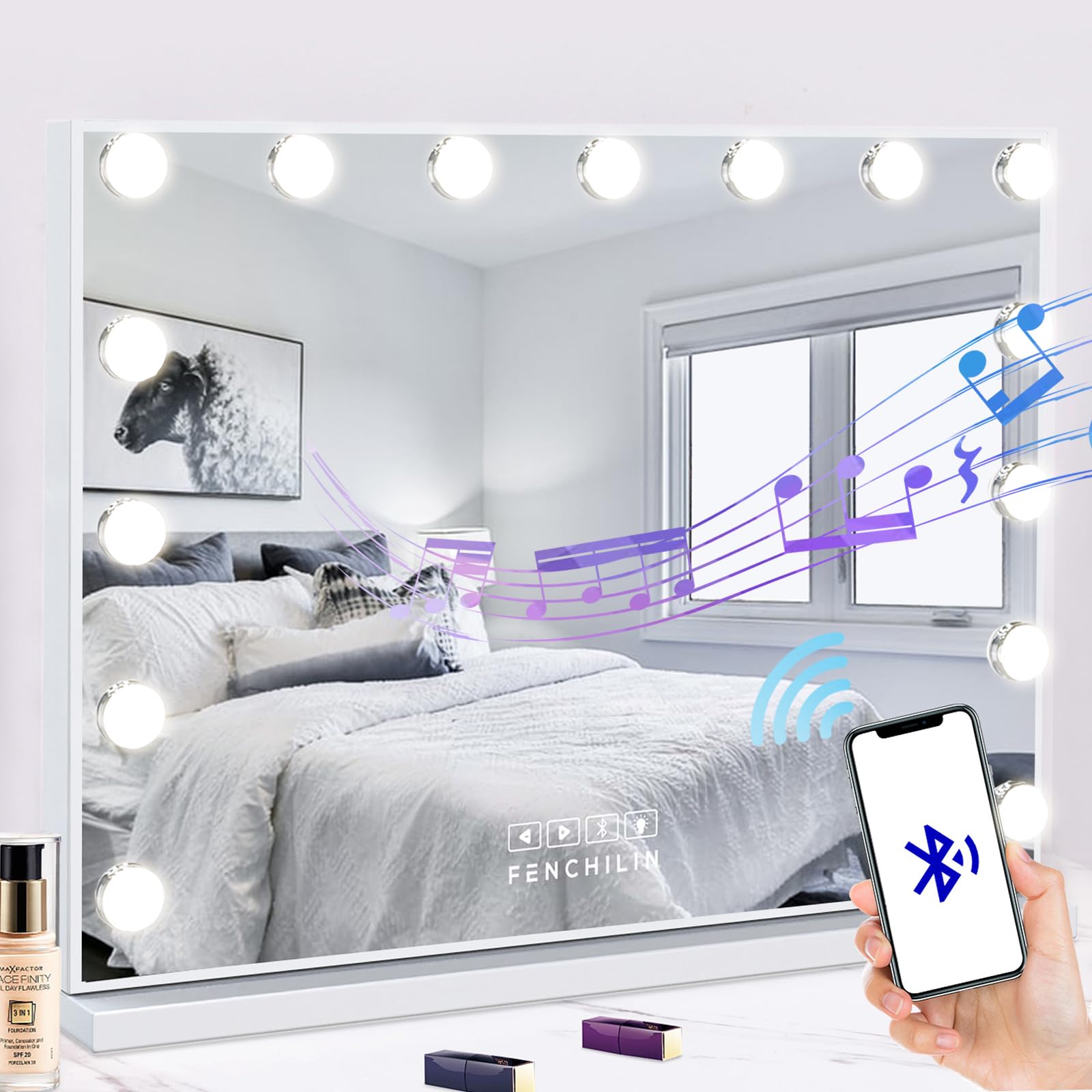 FENCHILIN Espejo Maquillaje con Luz Altavoz Espejo Tocador con 15 Bombillas LED 3 Modos Espejo con USB Control Táctil Espejo Hollywood de Mesa Grande con Luz 58x46cm