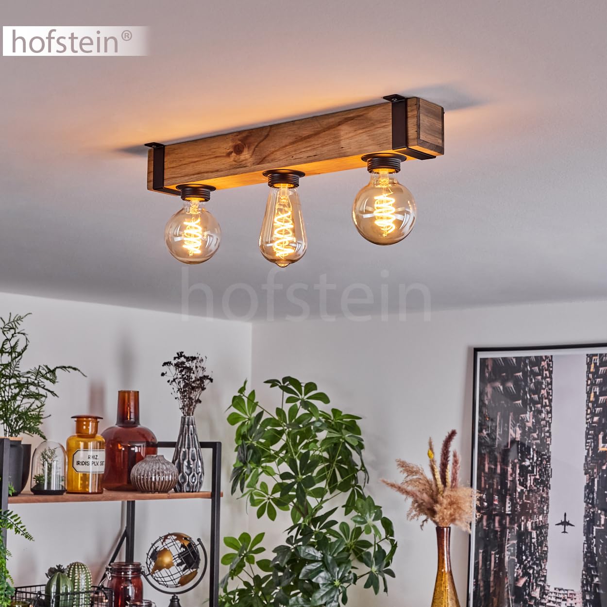 HOFSTEIN Deckenleuchte Montgomery, 3-flammige Deckenlampe aus Holz/Metall in Natur/Schwarz, Leuchte im Industrial/Retro/Vintage-Design mit Holzbalken, E27, Esszimmer, Küche, Wohnzimmer, Schlafzimmer