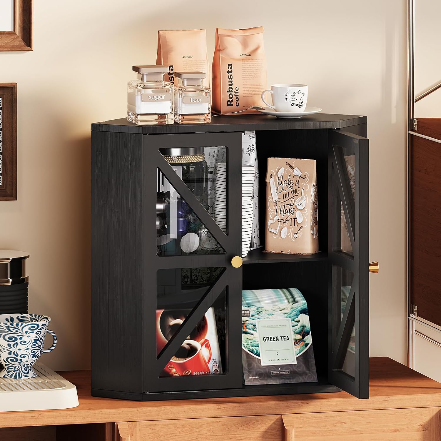 Corner Bread Box for Kitchen Countertop Bamboo Bread Storage Cabinet with X-Pattern Acrylic Doors Transparent Bread Keeper Organizer (Black)