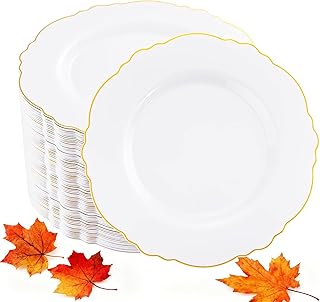WDF 60pcs Gold Dessert Plates-7.5inch Baroque White and Gold Small Plastic Plates/Disposable Dessert/Salad/Cake/Appetizer Plastic Plate for Upscale Thanksgiving Parties/Wedding/Birthday