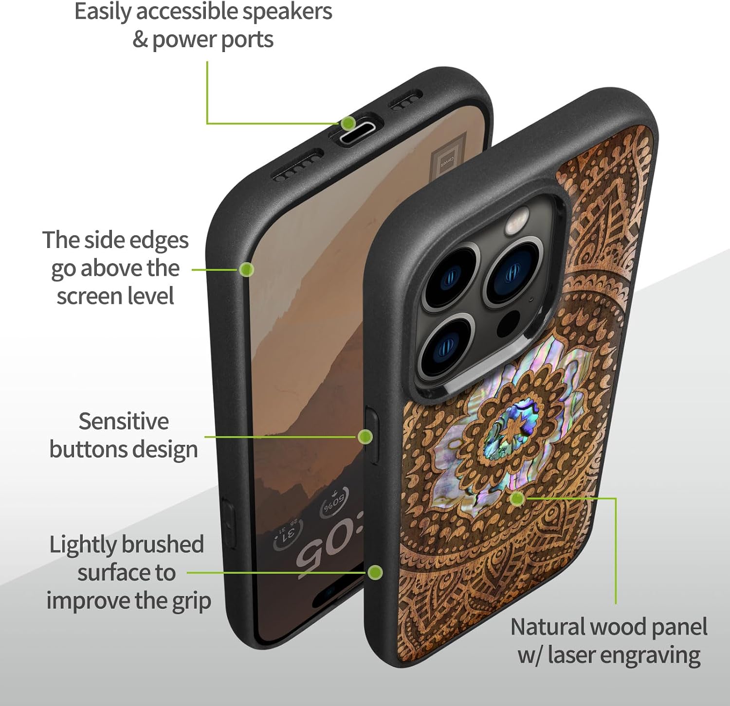 Carveit Designer Wooden Protective Magnetic Case for iPhone 14 Pro Case [Wood Engraving & Shell Inlay] Compatible with 14 Pro MagSafe (Mandala Pattern-Walnut)