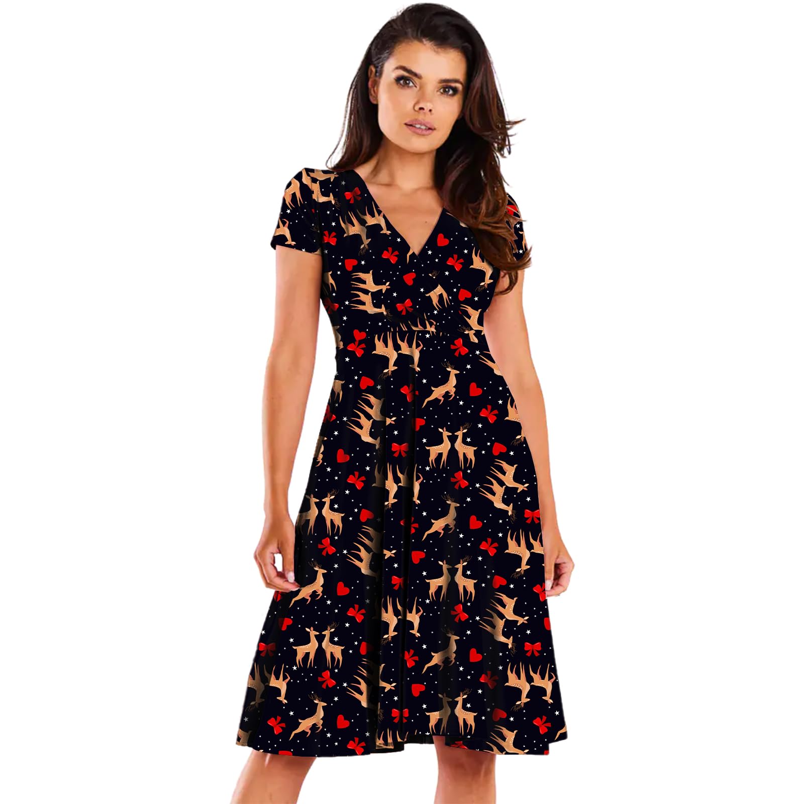 NetSetUK Womens Christmas Midi Dress Santa Xmas Reindeer Snowflake Gingerbread Tree Printed Novelty Swing Dress