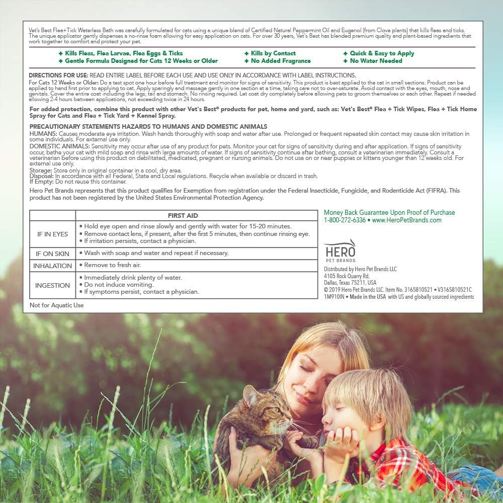 Vet's Best Flea and Tick Waterless Bath Foam for Cats | Flea Treatment Dry Shampoo for Cats | Plant-Based Formula | 8 Ounces : Pet Supplies