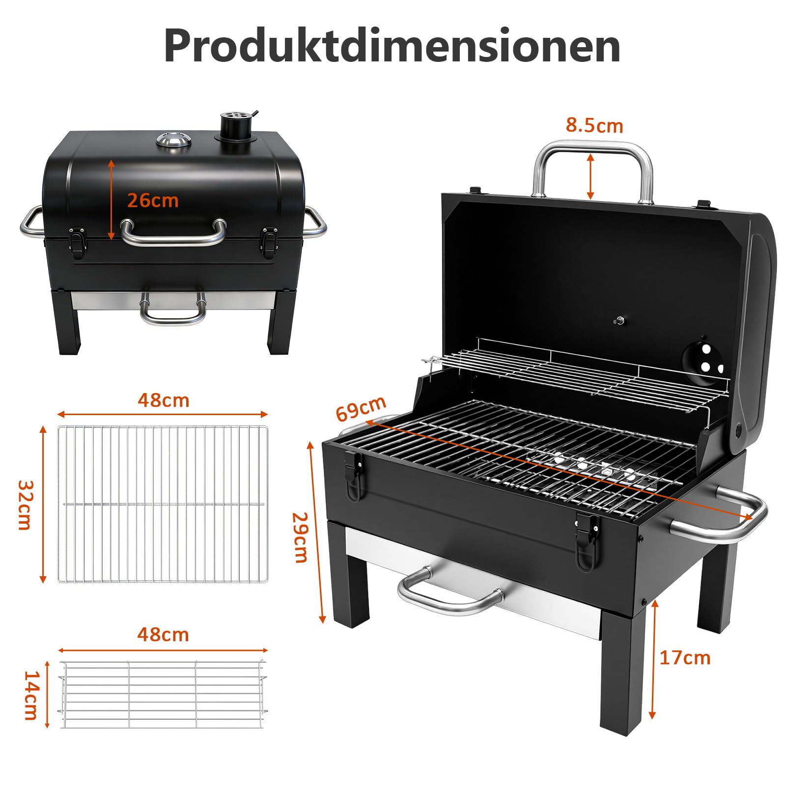 Holzkohlegrill mit Deckel und Thermometer, Grillrost 48 x 32 cm | Tragbarer Tischgrill mit Ascheschale, bbq grill für Outdoor Camping Picknick