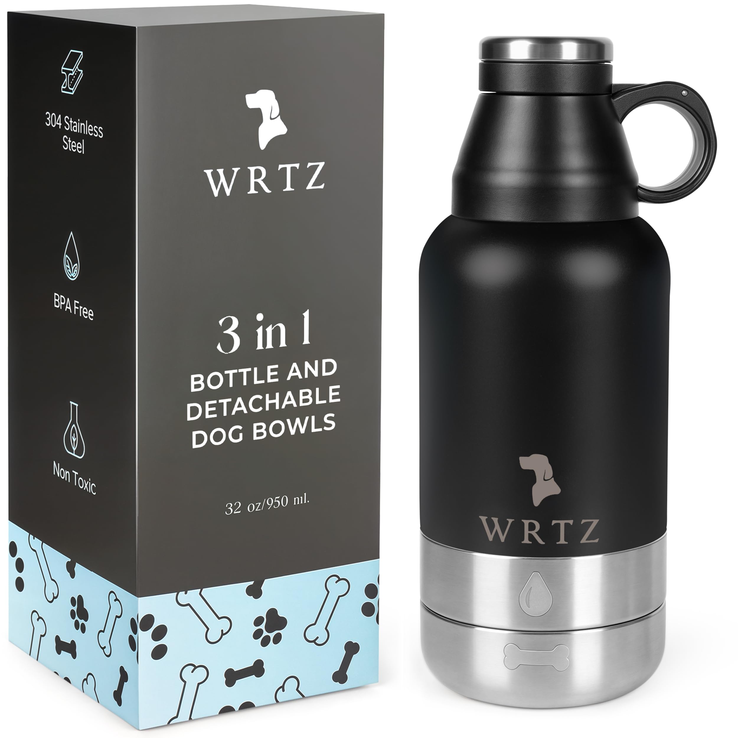 WRTZ Portable Dog Water Bottle with 2 Removable Water Bowls for Dogs – Leak-Proof Insulated Stainless Steel Dog Water Bottle - Travel Accessories for Dogs - 32oz - Black