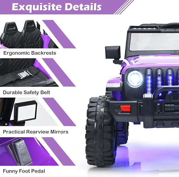 INFANS Kids Ride on Car Truck with 2.4G Remote Control, 12V Battery Powered Electric Cars for Kids w/3 Speeds, Battery Display, LED Lights, Safety Belt, Music & Horn, Bluetooth/FM/USB (Purple) - 4
