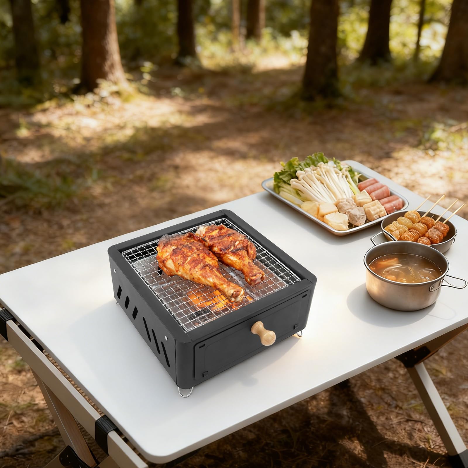 Barbacoa portátil de carbón vegetal, hornillo de camping con parrilla, mini barbacoa de mesa para picnic y preparación de té (negro)