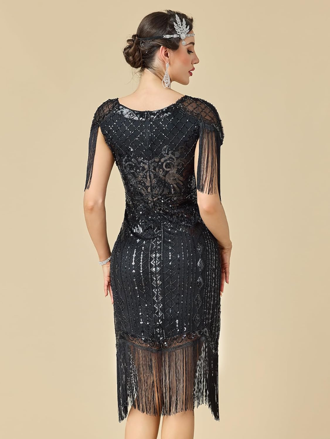 Women's Flapper Dresses 1920s V Neck Beaded Fringed Great Gatsby Dress - Image 4