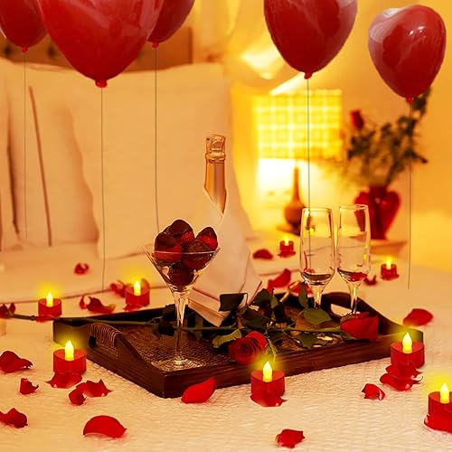 Miniatura 8 de Homemory 24 velas LED de té que funcionan con pilas, velas románticas de corazón con 1000 pétalos de rosa roja falsos y 5 guirnaldas de corazón para