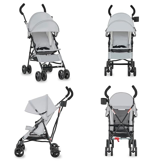Dream On Me Rover Convenience Baby Stroller Lightweight & Compact Travel Umbrella Stroller, Quick One-Hand Fold, Lockable Rear Wheels, Adjustable Canopy, 3-Point Safety Harness & Cup Holder Grey