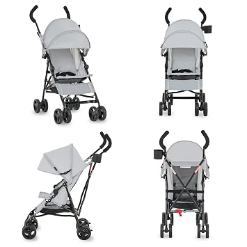 Dream On Me Rover Convenience Baby Stroller Lightweight & Compact Travel Umbrella Stroller, Quick One-Hand Fold, Lockable Rear Wheels, Adjustable Canopy, 3-Point Safety Harness & Cup Holder Grey