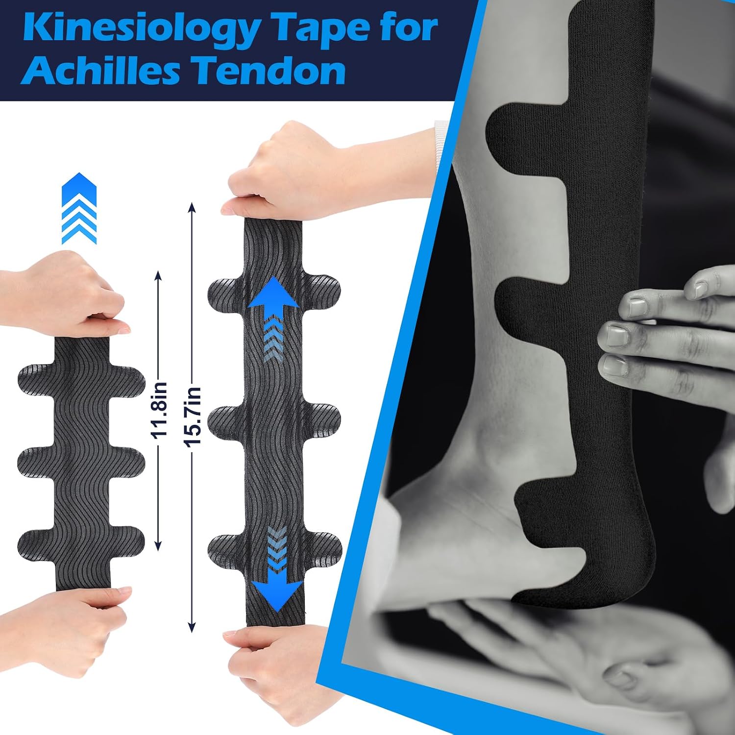 Aurelema 50 Pcs Achilles Tendonitis Kinesiology Tape Precut Achilles Tendon Tape for Relief Pain Muscle Support Sport(Black)