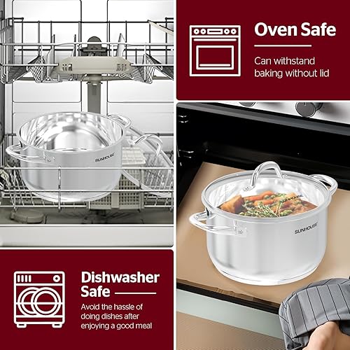 Miniatura 9 de SUNHOUSE Olla de 8 cuartos de galón con tapa, parte inferior de 3 capas, de acero inoxidable, para pasta, conservas, horno holandés, compatible con