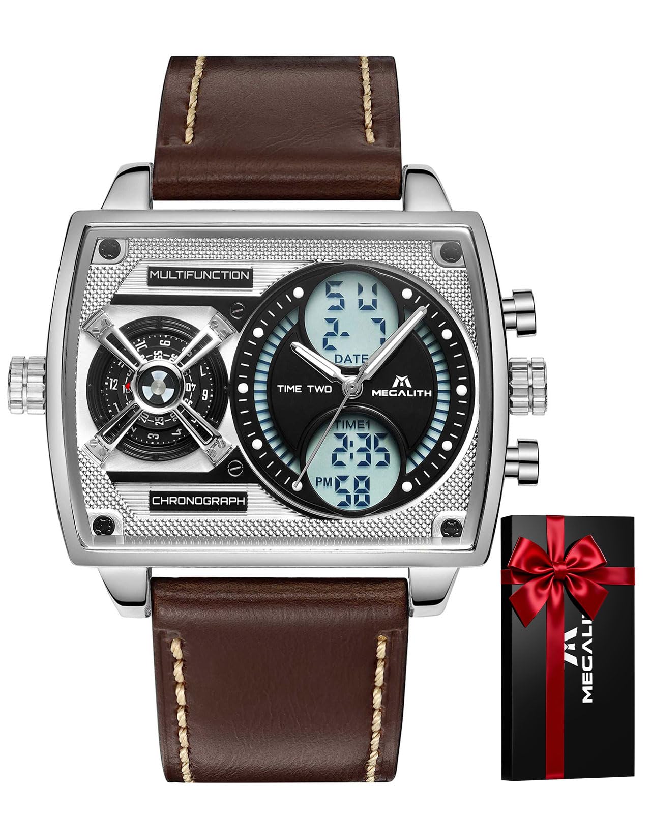 Sponsored Ad – Watches Mens Stylish Digital Analogue Large Face Square Multi-Time Zone Wristwatch