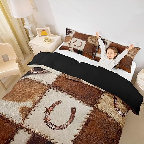Miniatura 5 de Juego de ropa de cama de cuero vacuno occidental con estrella de Texas dorada, funda de edredón con estampado de herradura de animales de granja,