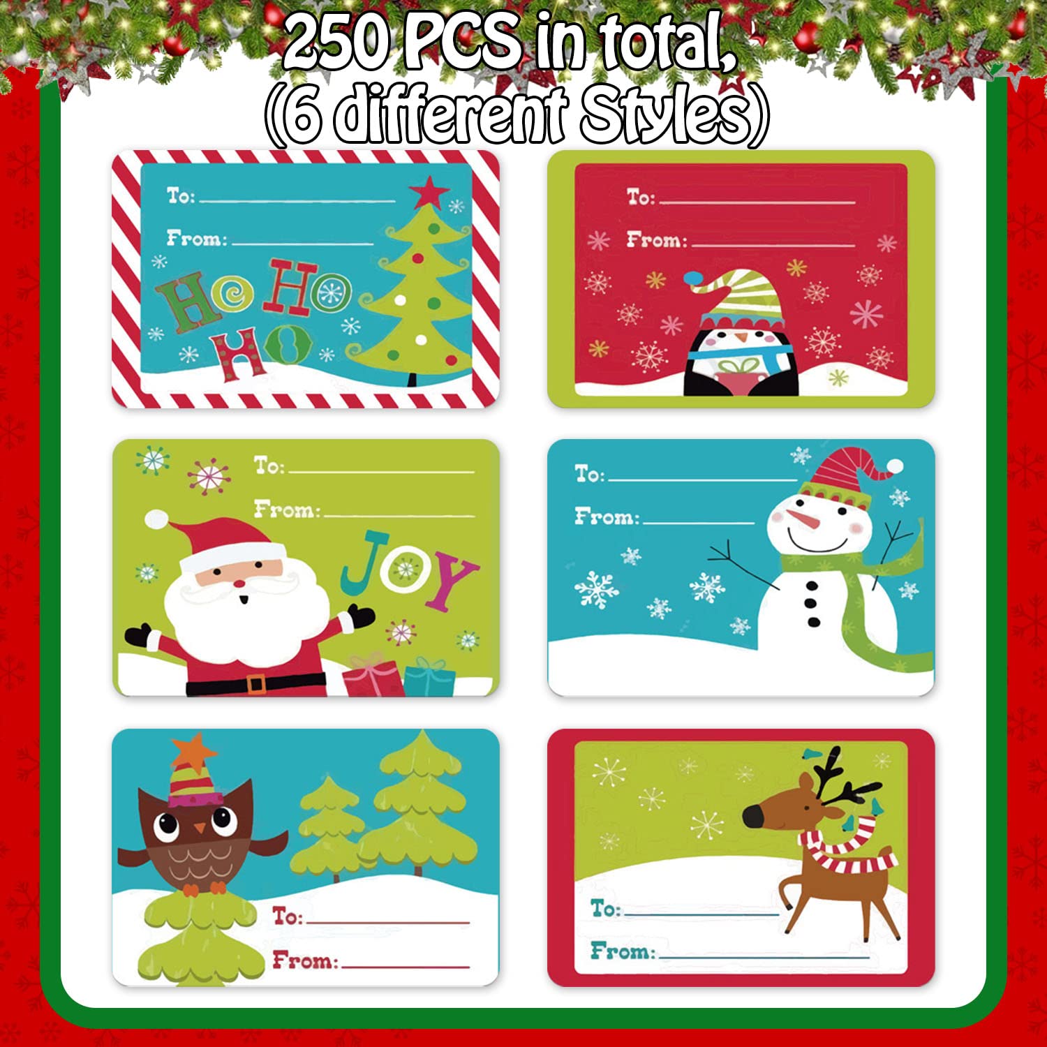 Etiquetas Adhesivas Navidad - 250 Calcomanías 7.5x5 Cm, Diseños Navideños, Para Regalos, Manualidades Y Clase