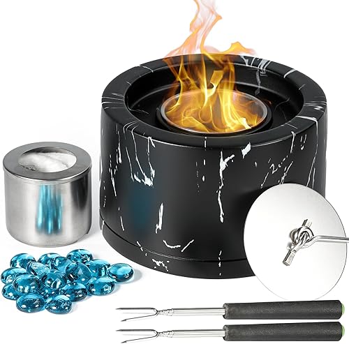 Twinkle Star Cuenco para fogata de mesa, fogata de combustible de bioetanol con 2 tenedores extensibles para asar malvaviscos, cuenco para fogata de