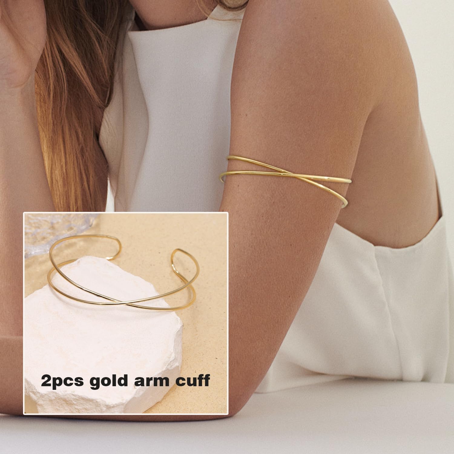BOMAIL 2Pcs Gold Arm Cuff Bracelets for Women Open Adjustable Upper Arm Bangle Adjustable Coil Swirl Armlet Armband Set Minimalist Upper Arm Cuff Jewelry - Image 3