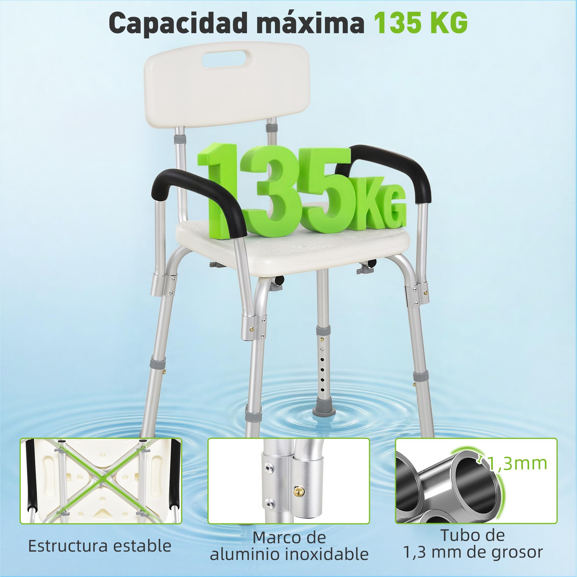 HOMCOM Silla Ducha Personas Mayores Taburete de Ducha Silla para Ducha con Respaldo Altura Regulable Antideslizante y Apoyabrazos Carga 136 kg Ayuda para Baño para Ancianos y Discapacitados