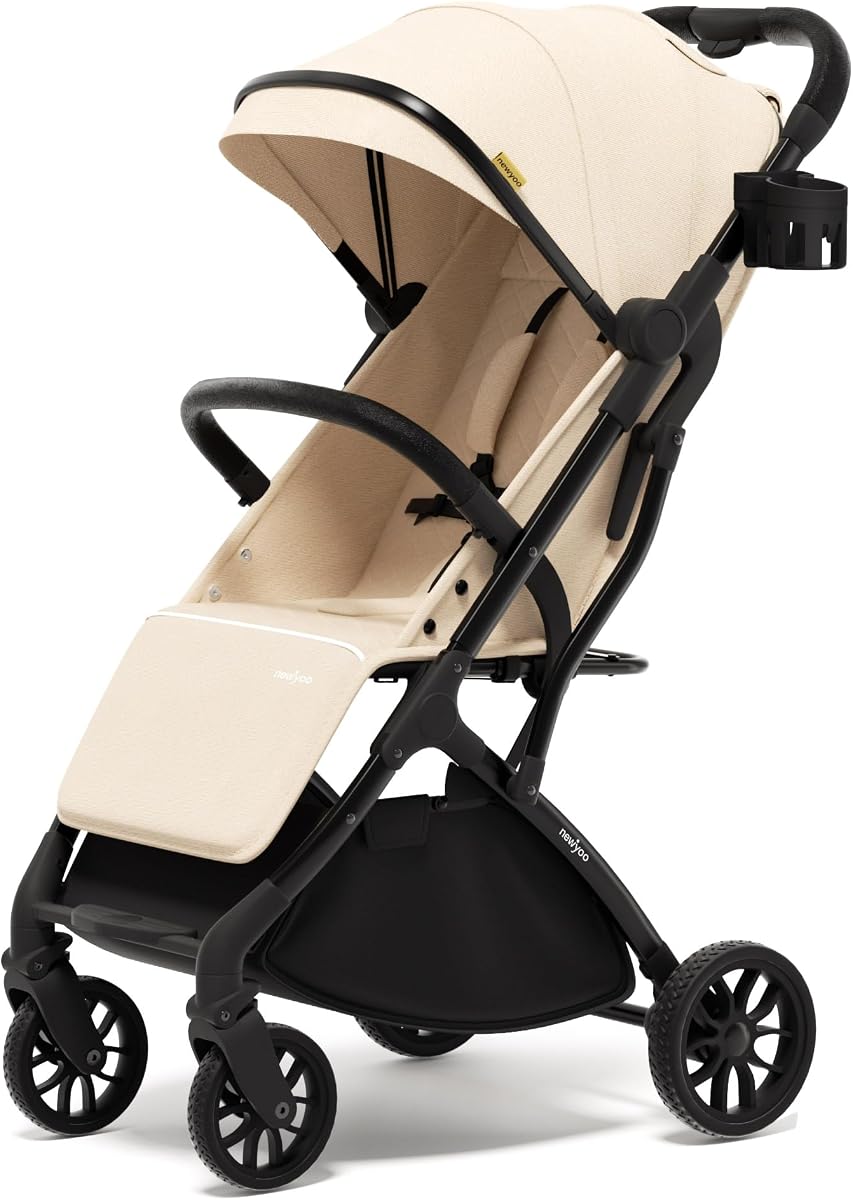 newyoo GlideTow TR18 Travel Stroller, Compact & Lightweight, Almond | Newborn to toddler, foldable, self-standing design, 175° near-flat recline, large mesh window, trolley mode & UPF 50+ canopy