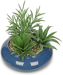 Hollyone Large Artificial Succulents Plants with Blue Vase Faux Succulen...