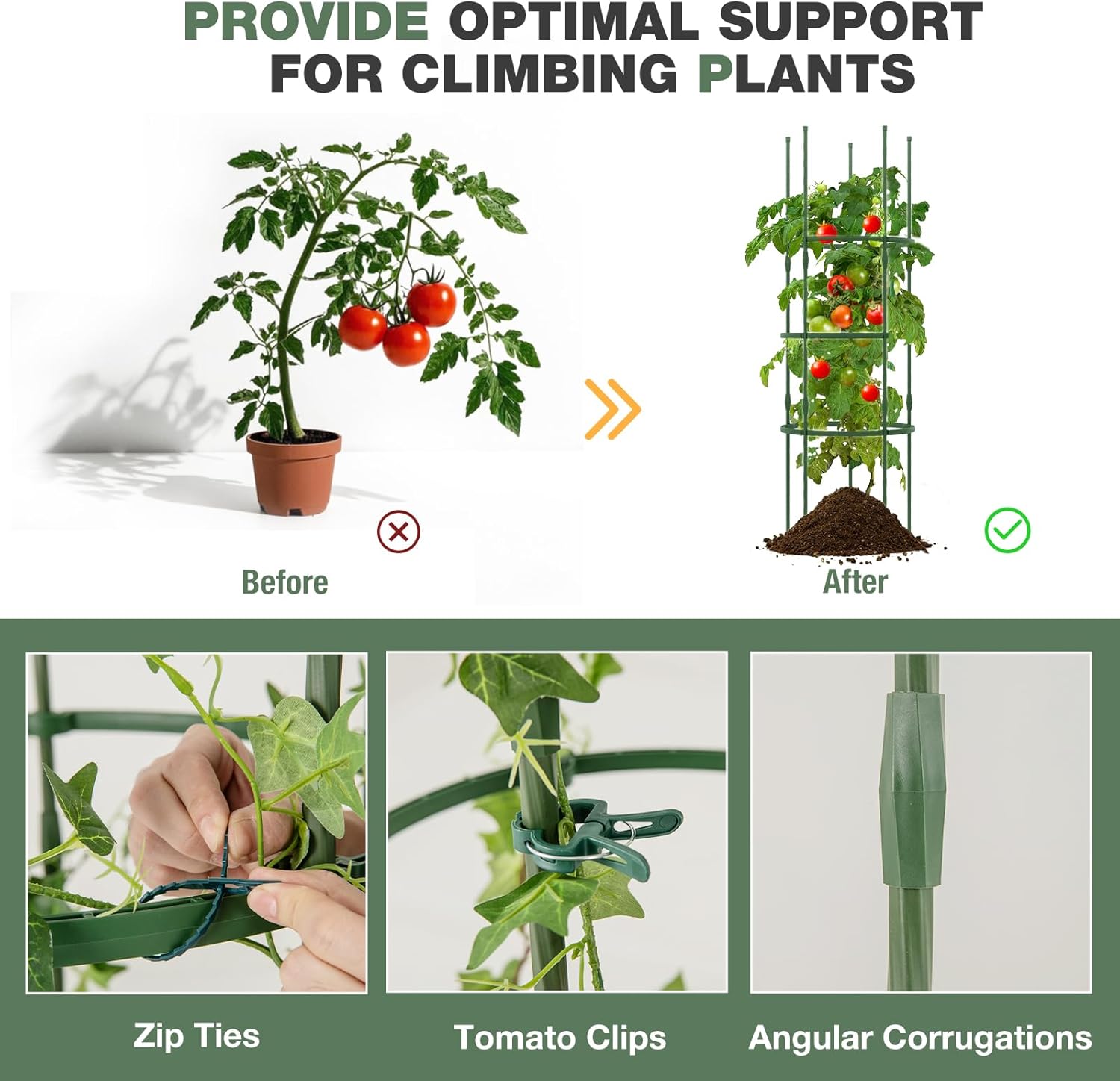Happygrill 3 Pack Plant Cages and Supports, 60 inch Tall Adjustable Tomato Cage w/Clips & Ties, Heavy-Duty Garden Trellis for Climbing Plants, Vines, Flowers, Vegetables, Potted Plants Indoor Outdoor
