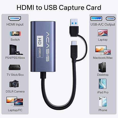 Miniatura 7 de Tarjeta de captura HDMI 4K, tarjeta de captura ACASIS USB 3.0 HDMI a USB-AC 1080P 60FPS, tarjeta de captura de video de juegos para transmisión en