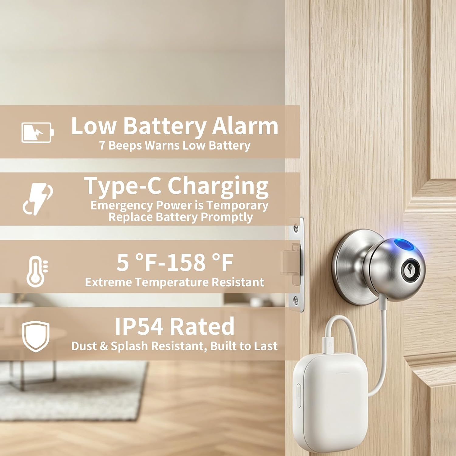 Fingerprint Door Lock, Biometric Smart Door Knob with Fingerprint Lock Stainless Steel with APP Control & Back-up Keys, Great for Bedroom, Home, Apartment, Office and Garages, Nickel Finish