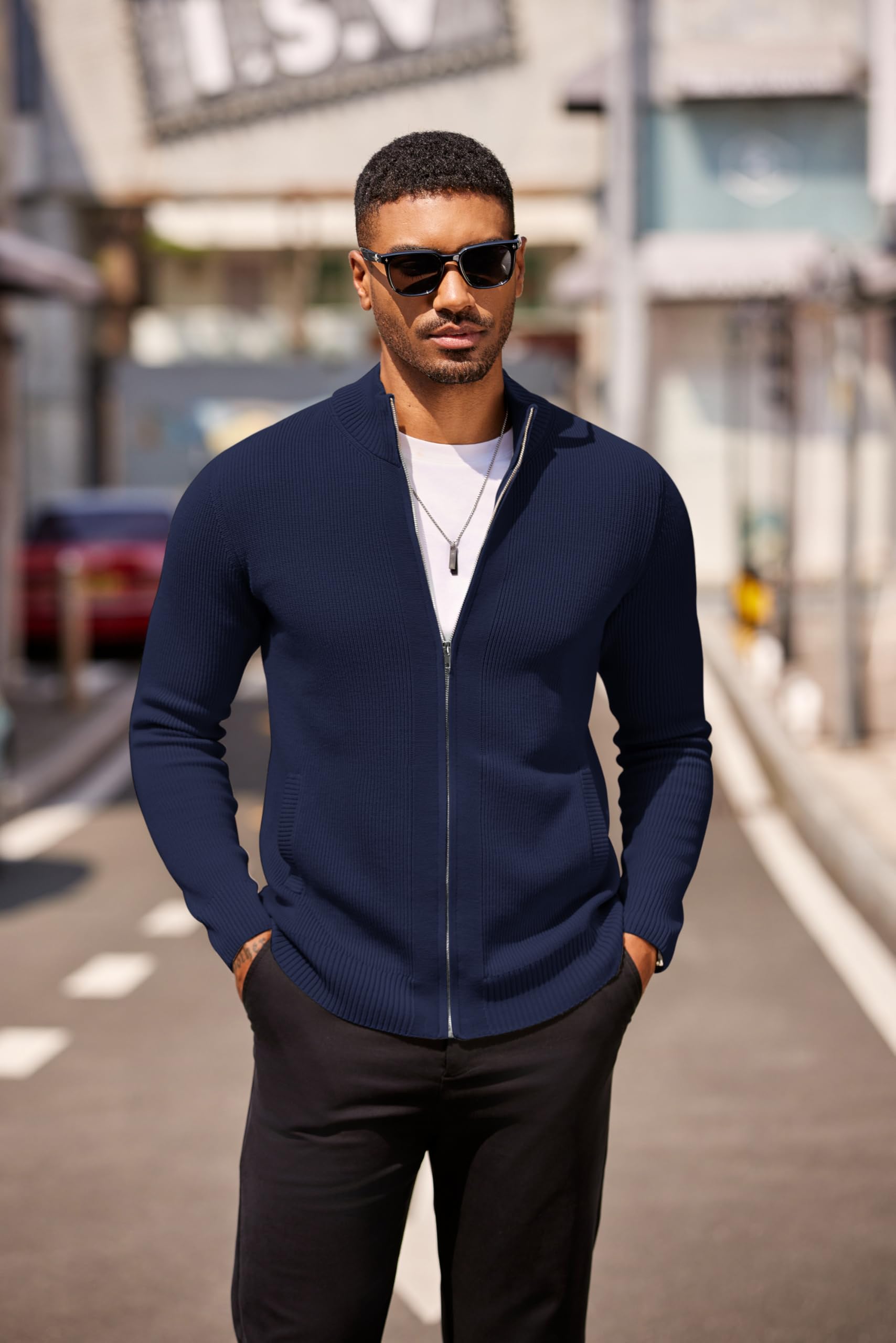 COOFANDY Cardigan à fermeture éclair pour homme - Coupe ajustée - Style décontracté - Col montant - Avec 2 poches avant