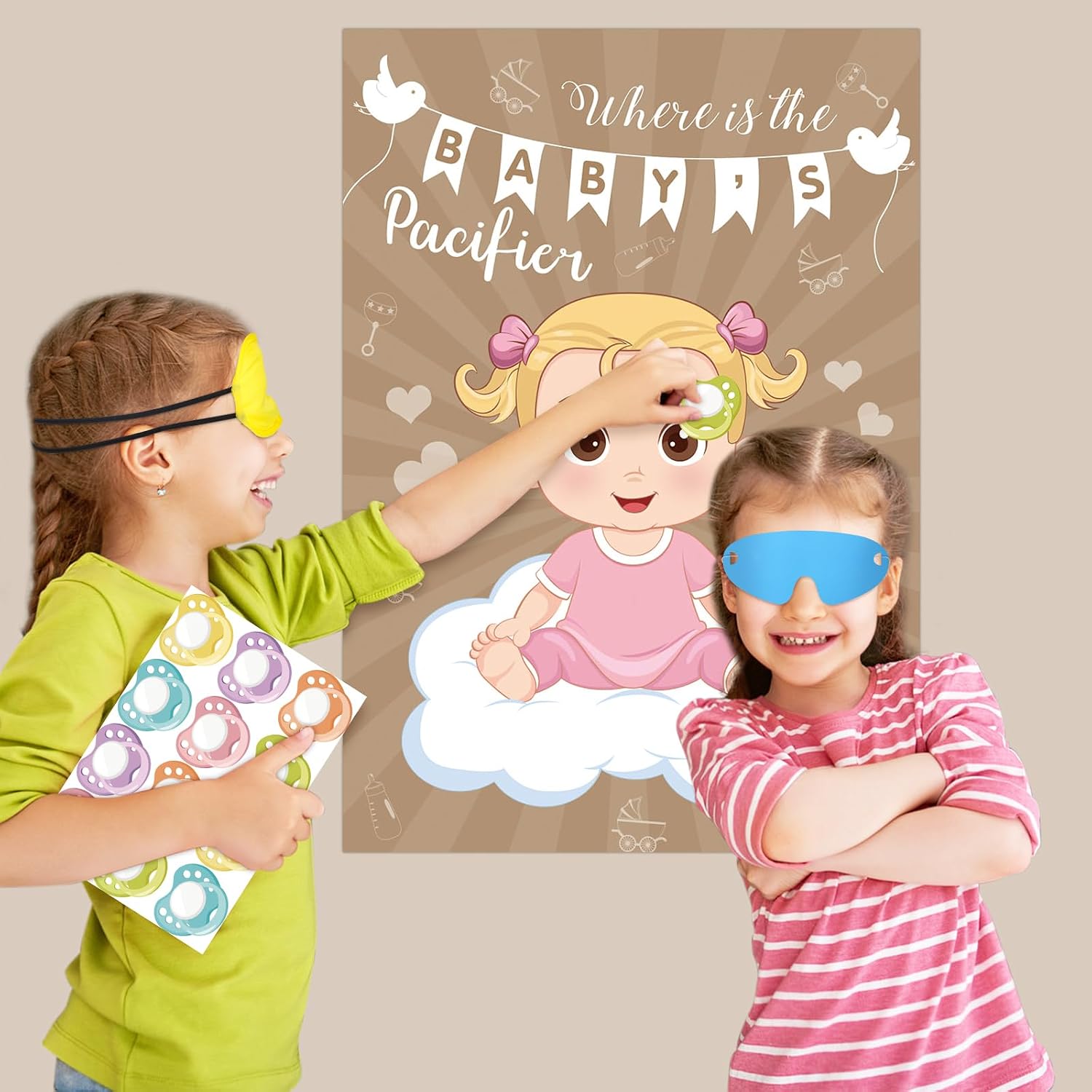 Hxezoc Baby Shower Game Pin The Pacifier On The Baby Game with 72 Pcs Pacifier Stickers, Large Baby Party Games Poster for Girls Kids Baby Shower Party Birthday Party Supplies
