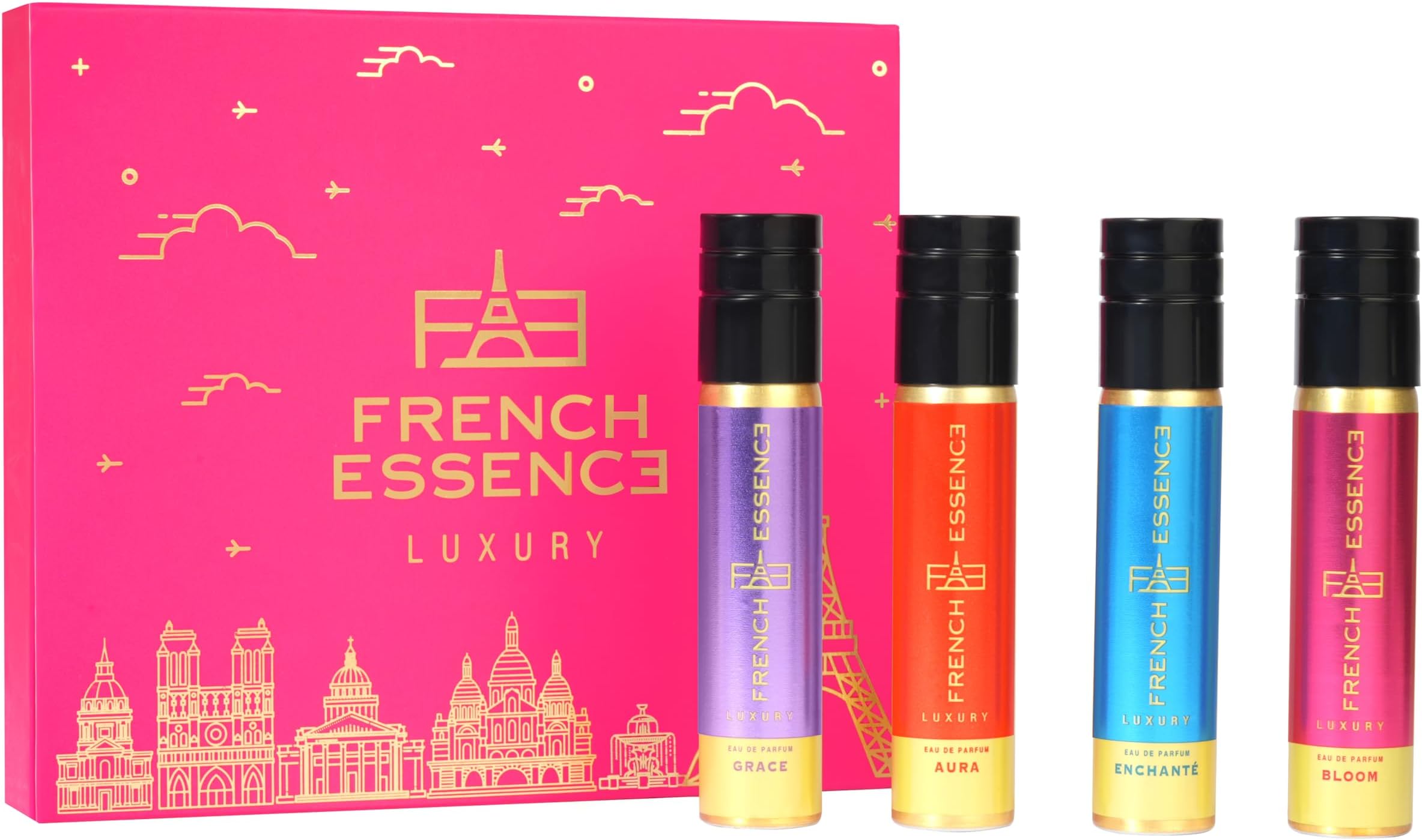 French Essence luxury Gift set for women Eau De Parfum | Long-Lasting Luxury women perfume set With Grace, Aura, Enchante, Bloom Best Perfume Gift for Her 30ML (Pack of 4)