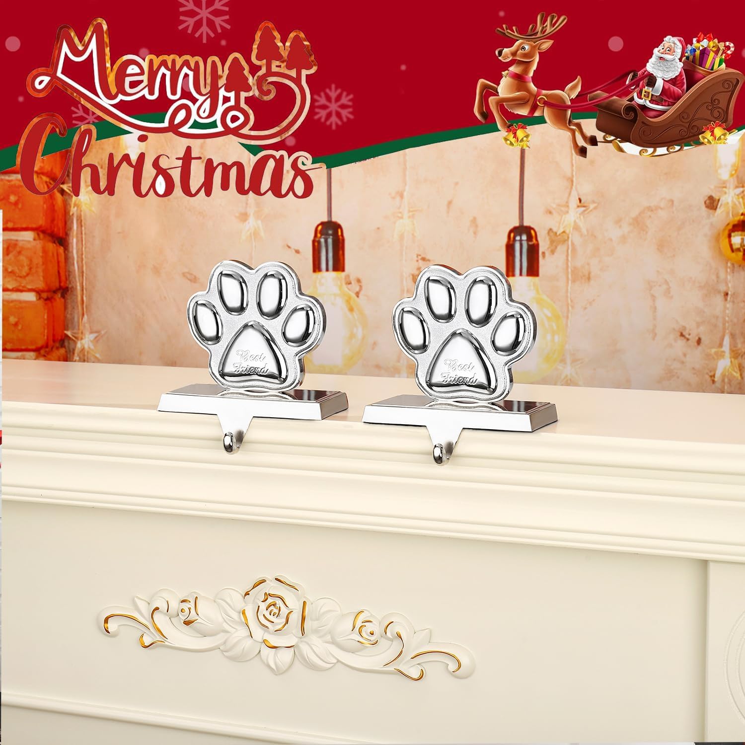 2 Pack Paw Christmas Stocking Holders for Mantle Paw Stocking Hanger for Fireplace Christmas Stocking Hangers for Mantel Stocking Hooks for Fireplace Mantel Clips for Christmas Decor (Silver Paw, 2)
