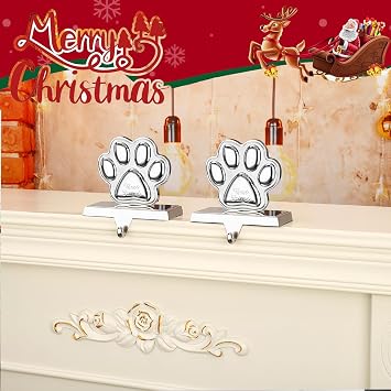 Paw Print Christmas Stocking Holders for Mantle -Stocking Hanger for Fireplace Christmas Stocking Hangers for Mantel Stocking Hooks for Fireplace Mantel Clips for Christmas Decor (Paw)
