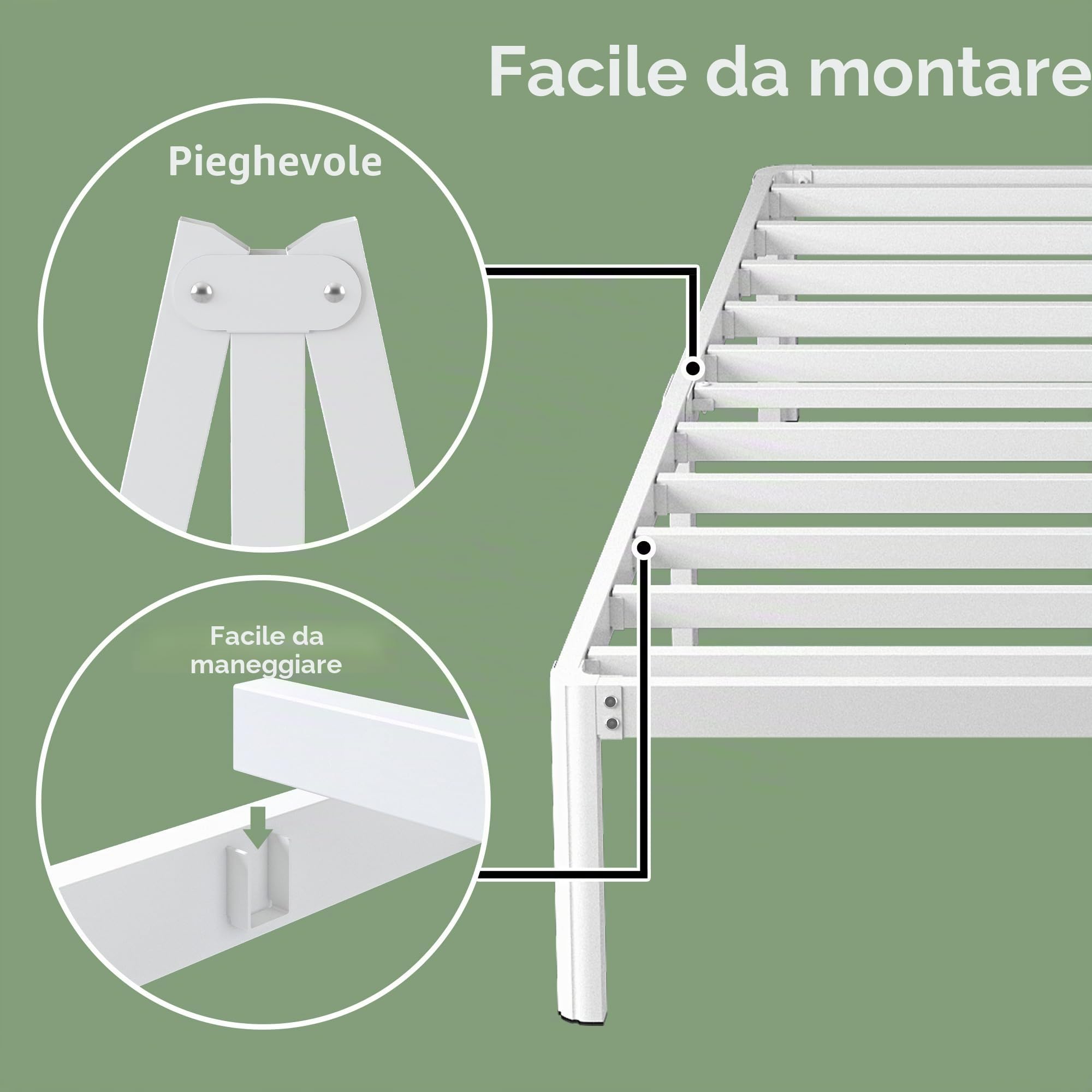 Lutown-Teen Letto 120x190 cm con Rete a Doghe in Metallo, Alta 46 cm, Struttura Letto una Piazza e Mezza con Gambe ad Angolo Curvo, Spazio Aggiuntivo Sotto, Montaggio Facile, Silenzioso, Bianco