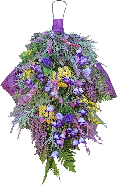 MOTUZP Spring Teardrop Swag, Purple Artificial Flo Flower, Wall Hanging Teardrop Wreath for Home Spring Decor Front Door Flower Swag with Hydrangea and Hyaci